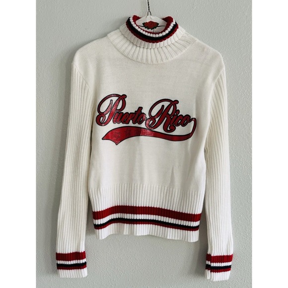 rave Sweaters - Vintage PUERTO RICO Spellout Sweater White Red Y2K Women's Large by Rave